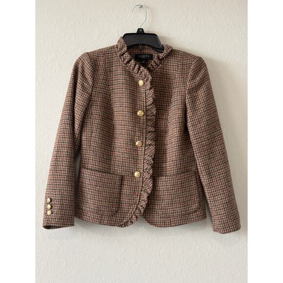 Talbots Brown Houndstooth Wool Blazer Womens Petite Sz 2 Old Money Career Ruffle - Picture 2 of 9